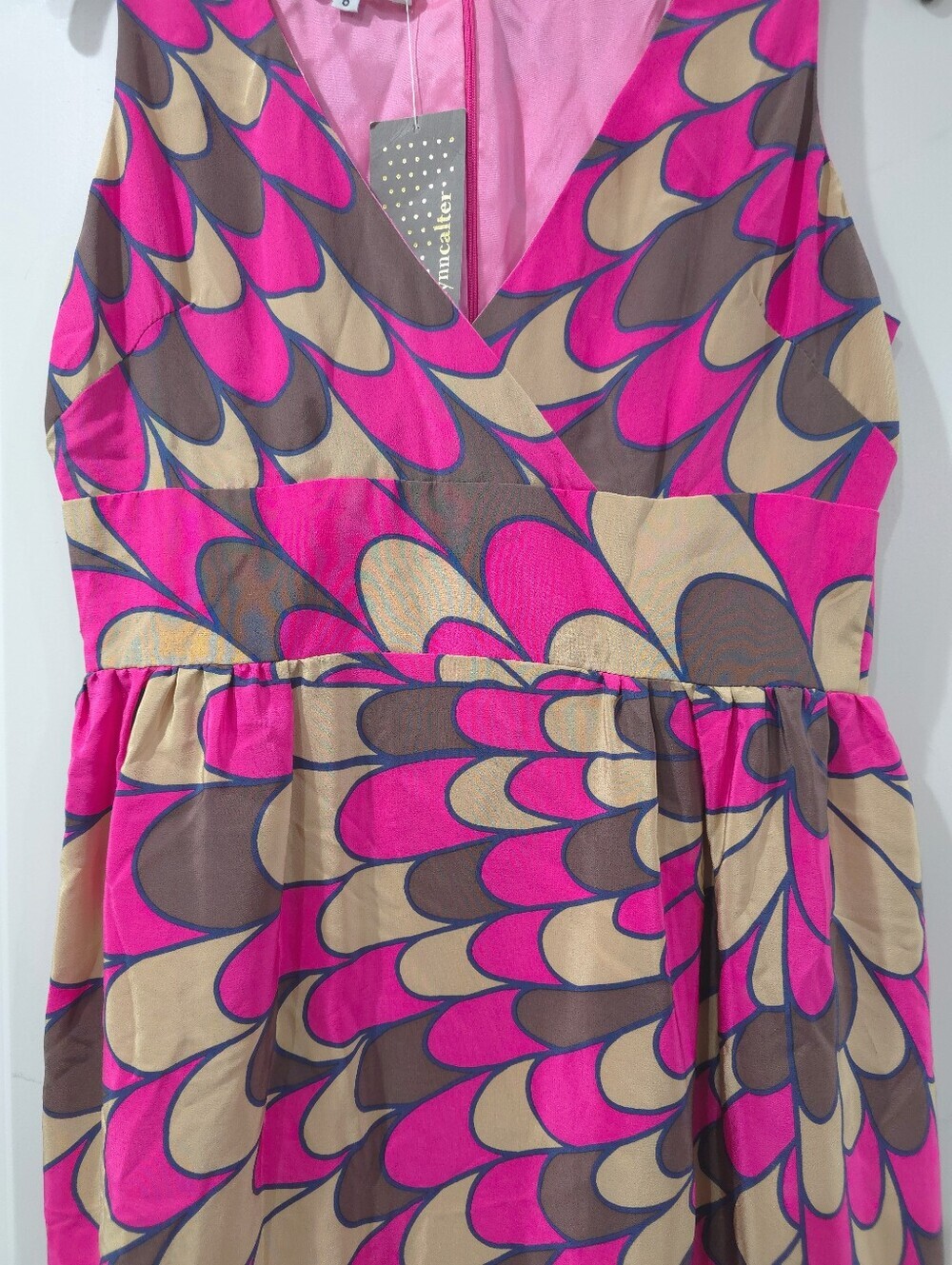 Retro Mod Abstract Print Sleeveless V-Neck Fit & Flare Dress, 100% Silk - Picture 7 of 14